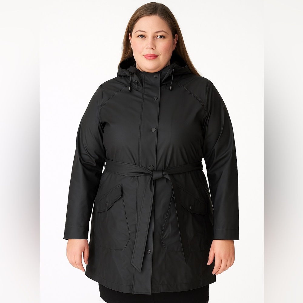 Helly Hansen Women’s Black Rain Jacket Size Large Hooded Vented Belted Pockets